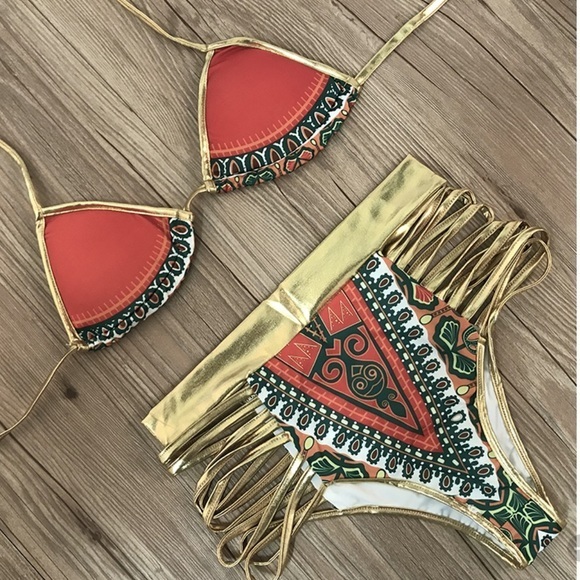 2PC Set Gold/ Red High Waist Swim Set - Picture 2 of 2